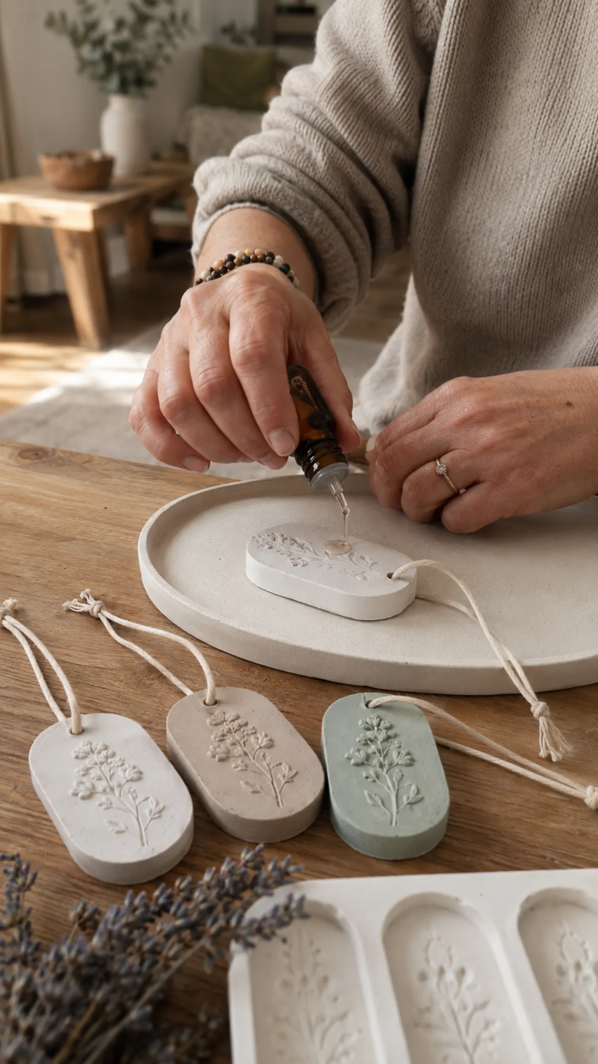 Freshly cast aroma stones on a tray, beside the moulds